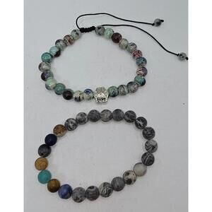 Set of Two Stone Beaded Bracelets with Adjustable and Elastic Bands